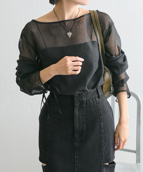 mystic（ミスティック）の「シアー袖ドロストプルオーバー（シャツ/ブラウス・レディース・カーキ/ブラック/ブルー/オフホワイト・FREE）」の3枚目の写真