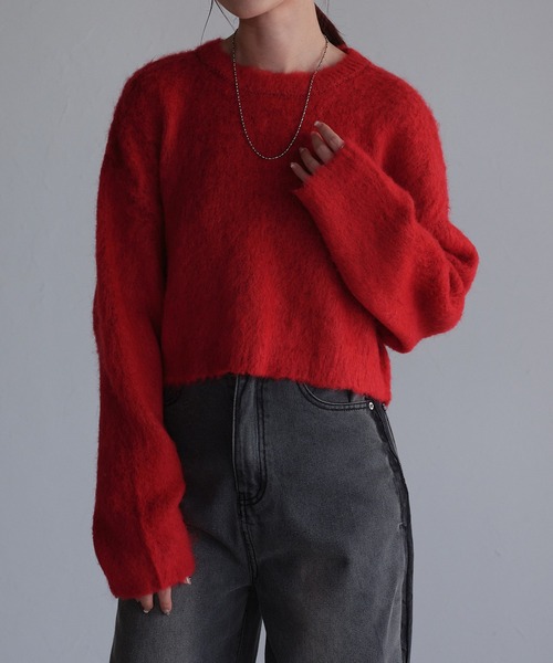 r.（アールドット）の「モヘアタッチニット　クロップドプルオーバー（ニット/セーター・レディース・チャコールグレー/アイボリー/グリーン/レッド/モカ/イエロー・FREE）」の6枚目の写真