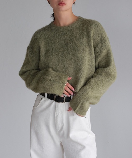 r.（アールドット）の「モヘアタッチニット　クロップドプルオーバー（ニット/セーター・レディース・チャコールグレー/アイボリー/グリーン/レッド/モカ/イエロー・FREE）」の4枚目の写真