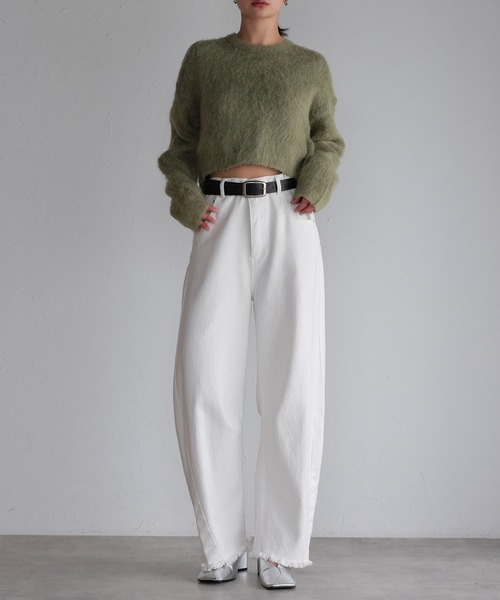 【新品タグ付き】プラージュ イタリアヤーン HANDKNIT モヘアニット　シロ RANAN ニット セーター モヘアタッチケーブルクロップド丈ニット