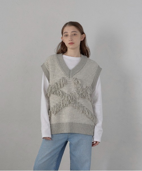 MINERTE】fringe design knit vest / フリンジデザインVネック