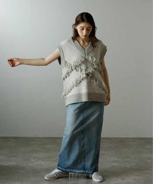 MINERTE】fringe design knit vest / フリンジデザインVネック