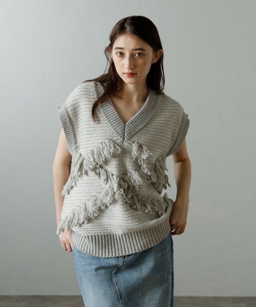 セール】【MINERTE】fringe design knit vest / フリンジ