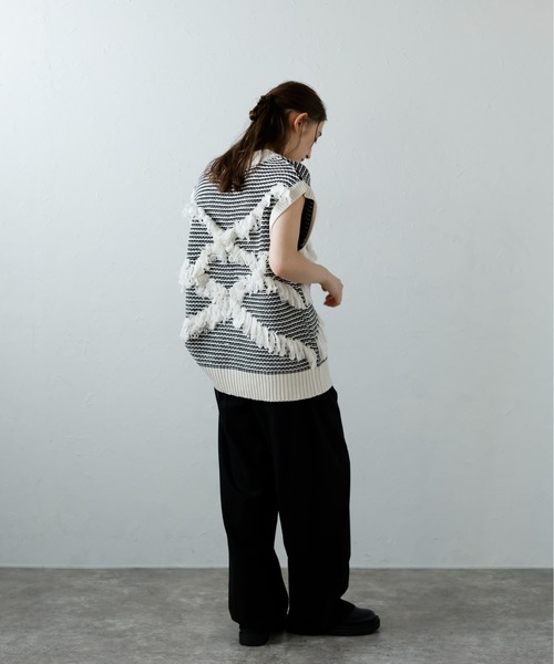 フリンジデザインVネックニットベスト ベスト アウター トップス 春服 オシャレ セール】【MINERTE】fringe design knit vest / フリンジ