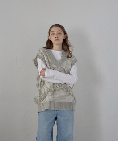 MINERTE】fringe design knit vest / フリンジデザインVネック