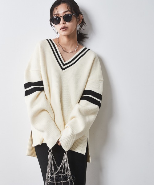 袖ラインVネックニットプルオーバー ＜大きいサイズ有＞シックスタイル