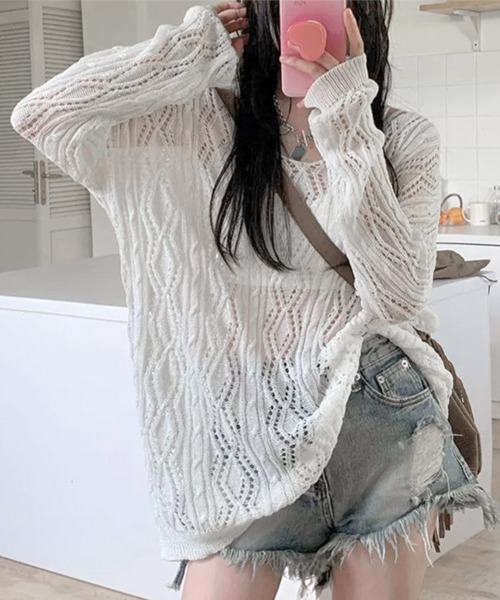 Miniministore(ミニミニストア)の「透かし編み ニットトップス レースアップ(ニット/セーター・レディース・ホワイト/ブラック・FREE)」の4枚目の写真