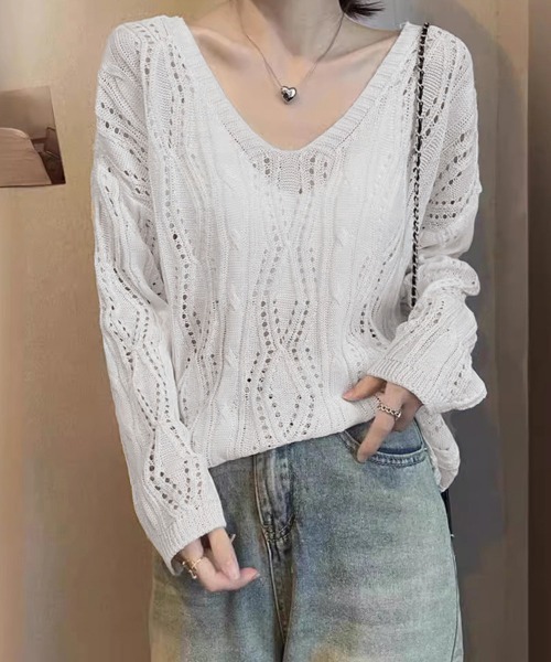 Miniministore(ミニミニストア)の「透かし編み ニットトップス レースアップ(ニット/セーター・レディース・ホワイト/ブラック・FREE)」の7枚目の写真