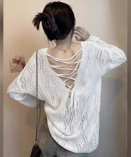 Miniministore(ミニミニストア)の「透かし編み ニットトップス レースアップ(ニット/セーター・レディース・ホワイト/ブラック・FREE)」の8枚目の写真