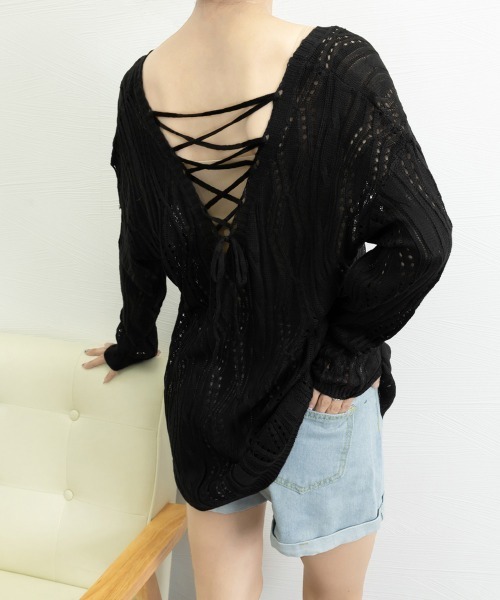 Miniministore(ミニミニストア)の「透かし編み ニットトップス レースアップ(ニット/セーター・レディース・ホワイト/ブラック・FREE)」の15枚目の写真