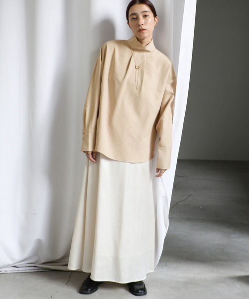セール】ピーチスキンハイネックタックブラウス（シャツ/ブラウス