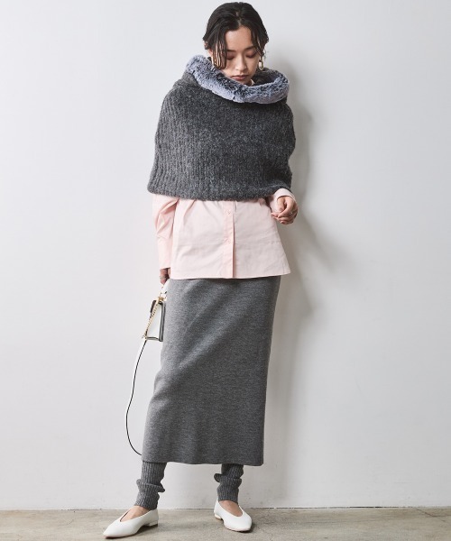 大きいサイズ レディース トップス フェイクファー付マントニット シックスタイル対応 CHIC STYLE ニット セーター フェイクファー付マントニット