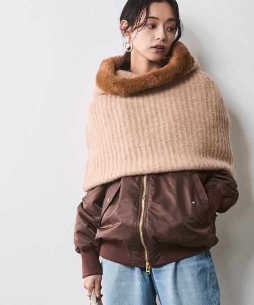 大きいサイズ レディース トップス フェイクファー付マントニット シックスタイル対応 CHIC STYLE ニット セーター フェイクファー付マントニット