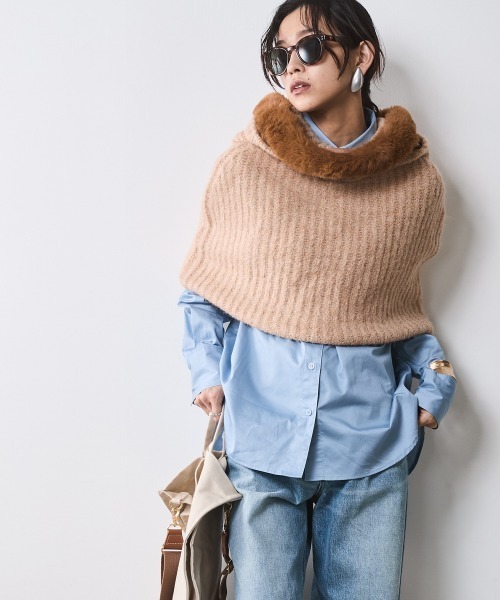 大きいサイズ レディース トップス フェイクファー付マントニット シックスタイル対応 CHIC STYLE ニット セーター フェイクファー付マントニット
