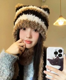 BAYBLO | (SB)ボンボン付き シャギーニット ボーダー柄 猫耳 ニット帽子(ニットキャップ/ビーニー)