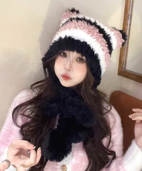 BAYBLO(ベイブロ)の「(SB)ボンボン付き シャギーニット ボーダー柄 猫耳 ニット帽子(ニットキャップ/ビーニー・レディース・ブラック系/ベージュ系/ピンク系/ブラウン系・FREE)」の15枚目の写真