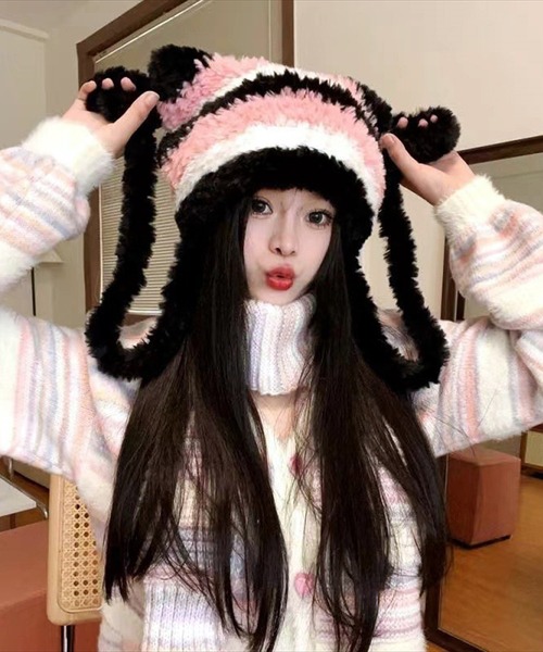 BAYBLO(ベイブロ)の「(SB)ボンボン付き シャギーニット ボーダー柄 猫耳 ニット帽子(ニットキャップ/ビーニー・レディース・ブラック系/ベージュ系/ピンク系/ブラウン系・FREE)」の14枚目の写真