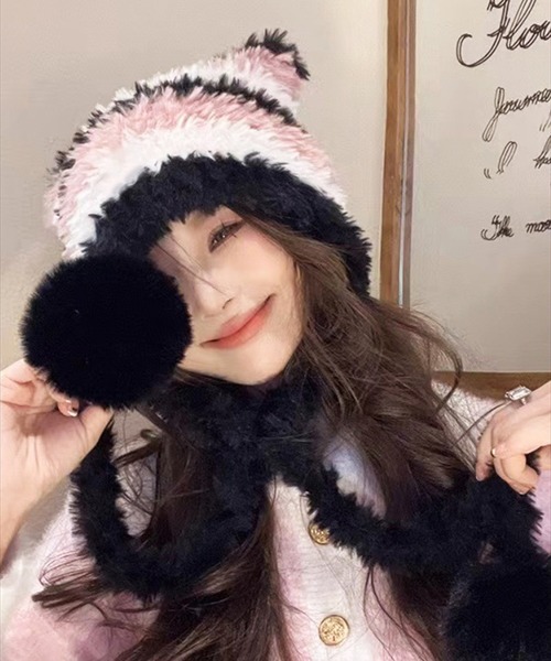 BAYBLO(ベイブロ)の「(SB)ボンボン付き シャギーニット ボーダー柄 猫耳 ニット帽子(ニットキャップ/ビーニー・レディース・ブラック系/ベージュ系/ピンク系/ブラウン系・FREE)」の16枚目の写真