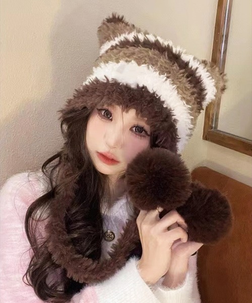 BAYBLO(ベイブロ)の「(SB)ボンボン付き シャギーニット ボーダー柄 猫耳 ニット帽子(ニットキャップ/ビーニー・レディース・ブラック系/ベージュ系/ピンク系/ブラウン系・FREE)」の19枚目の写真