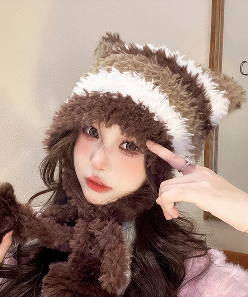 BAYBLO(ベイブロ)の「(SB)ボンボン付き シャギーニット ボーダー柄 猫耳 ニット帽子(ニットキャップ/ビーニー・レディース・ブラック系/ベージュ系/ピンク系/ブラウン系・FREE)」の20枚目の写真