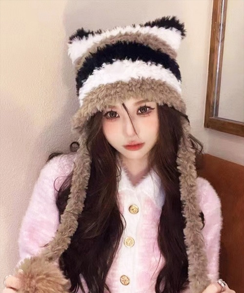 BAYBLO(ベイブロ)の「(SB)ボンボン付き シャギーニット ボーダー柄 猫耳 ニット帽子(ニットキャップ/ビーニー・レディース・ブラック系/ベージュ系/ピンク系/ブラウン系・FREE)」の21枚目の写真