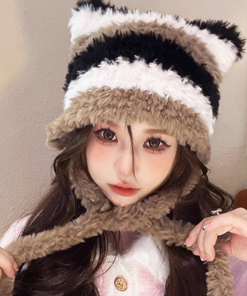 BAYBLO(ベイブロ)の「(SB)ボンボン付き シャギーニット ボーダー柄 猫耳 ニット帽子(ニットキャップ/ビーニー・レディース・ブラック系/ベージュ系/ピンク系/ブラウン系・FREE)」の22枚目の写真