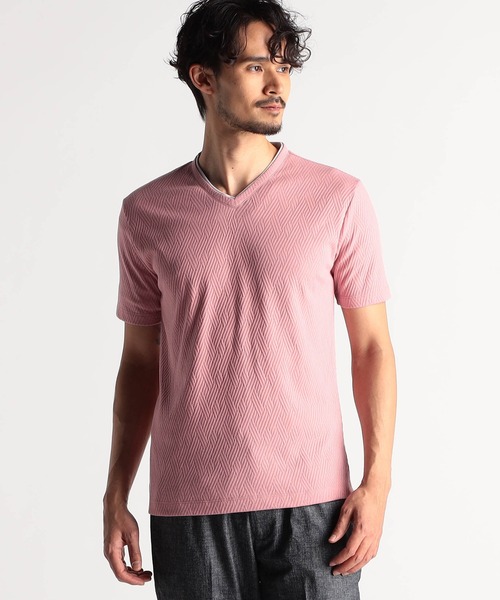 NICOLE CLUB FOR MEN(ニコルクラブフォーメン)の「バスケットリンクスジャガードVネックプルオーバ(Tシャツ/カットソー・メンズ・シルバーグレー/ピンク系/ブラック系/ブラック/オフホワイト・MEDIUM/LARGE/X-LARGE)」の5枚目の写真