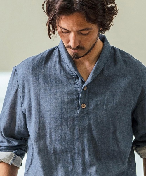 Magine(マージン)の「ms5974- Gauze Fabric Shawl Collar Shirts ショールカラーシャツ(シャツ/ブラウス・メンズ・チャコール/ブルー/ライトベージュ・44/46/48)」の3枚目の写真