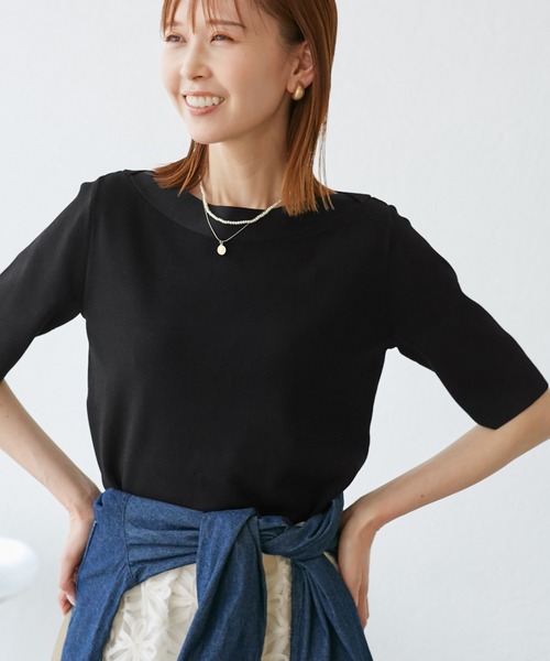 ROPE' PICNIC（ロペピクニック）の「【UVカット・接触冷感・イージーケア】八方映えニット ボートネックニットプルオーバー（ニット/セーター・レディース・ホワイト系その他5/ブラック/ベージュ・38）」の6枚目の写真