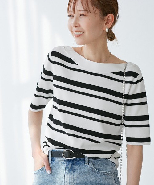 ROPE' PICNIC（ロペピクニック）の「【UVカット・接触冷感・イージーケア】八方映えニット ボートネックニットプルオーバー（ニット/セーター・レディース・ホワイト系その他5/ブラック/ベージュ・38）」の15枚目の写真