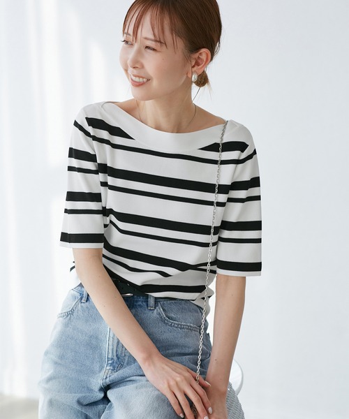 ROPE' PICNIC（ロペピクニック）の「【UVカット・接触冷感・イージーケア】八方映えニット ボートネックニットプルオーバー（ニット/セーター・レディース・ホワイト系その他5/ブラック/ベージュ・38）」の16枚目の写真