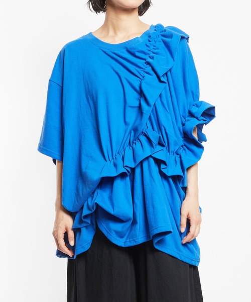 gomme（ゴム）の「24/-天竺　シャーリングトップス（Tシャツ/カットソー・レディース・ブルー/ブラック/ホワイト・MEDIUM）」の3枚目の写真