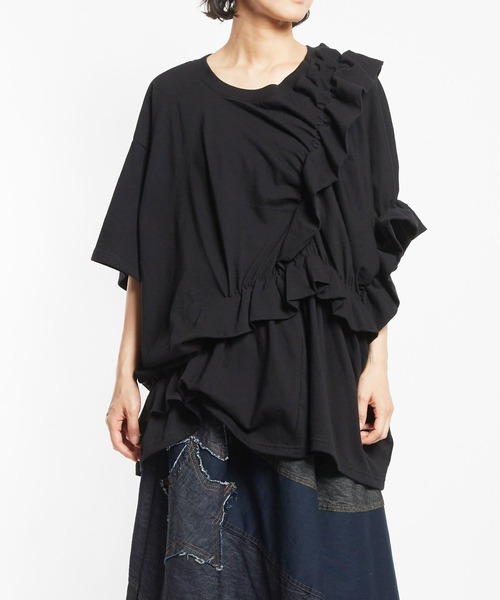 gomme（ゴム）の「24/-天竺　シャーリングトップス（Tシャツ/カットソー・レディース・ブルー/ブラック/ホワイト・MEDIUM）」の2枚目の写真