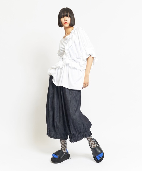 gomme（ゴム）の「24/-天竺　シャーリングトップス（Tシャツ/カットソー・レディース・ブルー/ブラック/ホワイト・MEDIUM）」の6枚目の写真