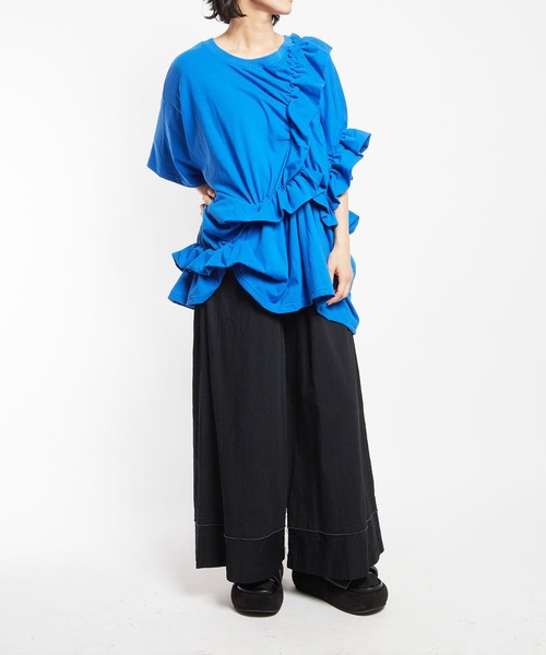 gomme（ゴム）の「24/-天竺　シャーリングトップス（Tシャツ/カットソー・レディース・ブルー/ブラック/ホワイト・MEDIUM）」の7枚目の写真