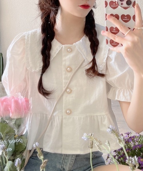 Mejoul（メジュール）の「フリルカラー丸襟パールボタンペプラムブラウス（シャツ/ブラウス・レディース・ホワイト・L/M）」の4枚目の写真