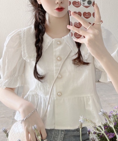 Mejoul（メジュール）の「フリルカラー丸襟パールボタンペプラムブラウス（シャツ/ブラウス・レディース・ホワイト・L/M）」の5枚目の写真