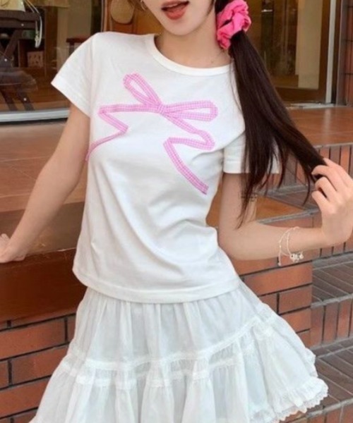 DIAVEL（ディアベル）の「リボンミニTシャツ（Tシャツ/カットソー・レディース・ホワイト/グレー/アイボリー/グレー系その他/グレー系その他2・M）」の2枚目の写真