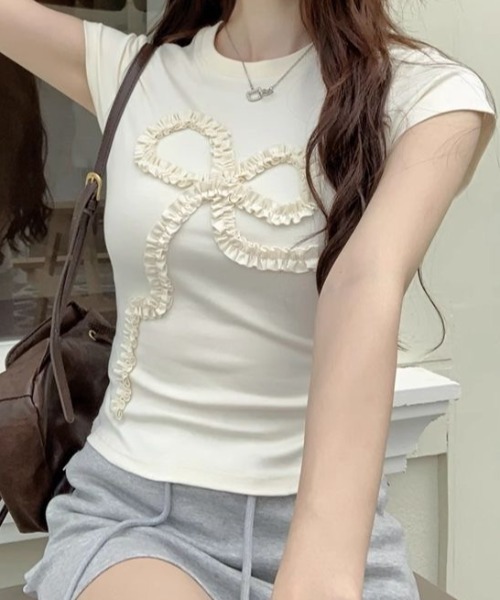 DIAVEL（ディアベル）の「リボンミニTシャツ（Tシャツ/カットソー・レディース・ホワイト/グレー/アイボリー/グレー系その他/グレー系その他2・M）」の3枚目の写真