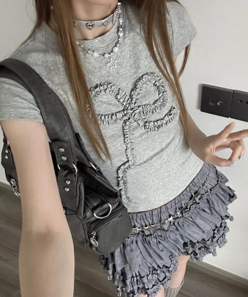 DIAVEL（ディアベル）の「リボンミニTシャツ（Tシャツ/カットソー・レディース・ホワイト/グレー/アイボリー/グレー系その他/グレー系その他2・M）」の14枚目の写真