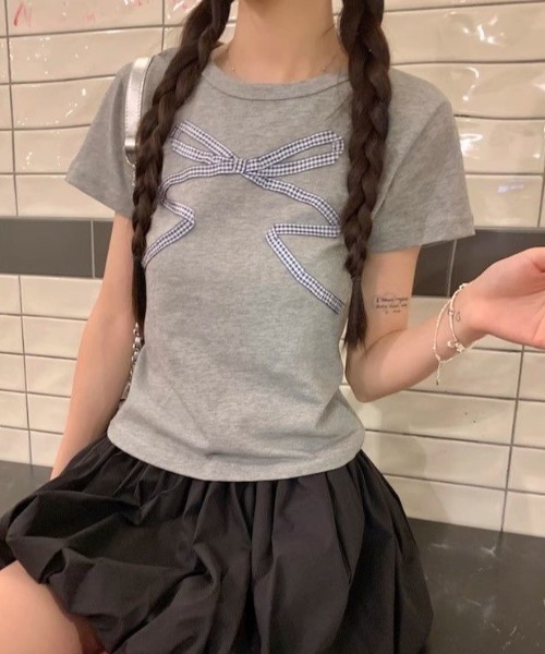 DIAVEL（ディアベル）の「リボンミニTシャツ（Tシャツ/カットソー・レディース・ホワイト/グレー/アイボリー/グレー系その他/グレー系その他2・M）」の11枚目の写真