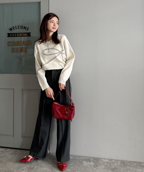 mily bilet(ミウィビレット)の「【mily bilet】ゆるっと可愛げ、ふわっと存在感。リボンフェザーコード刺繍ニット(長袖)(ニット/セーター・レディース・グレー/アイボリー系/チャコールグレー/ベージュ×ブラック/レッド・X-LARGE/SMALL/MEDIUM/LARGE)」の18枚目の写真