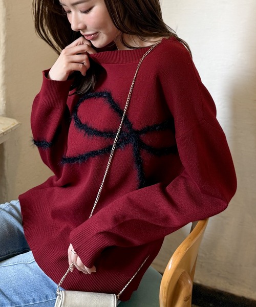 mily bilet(ミウィビレット)の「【mily bilet】ゆるっと可愛げ、ふわっと存在感。リボンフェザーコード刺繍ニット(長袖)(ニット/セーター・レディース・グレー/アイボリー系/チャコールグレー/ベージュ×ブラック/レッド・X-LARGE/SMALL/MEDIUM/LARGE)」の21枚目の写真