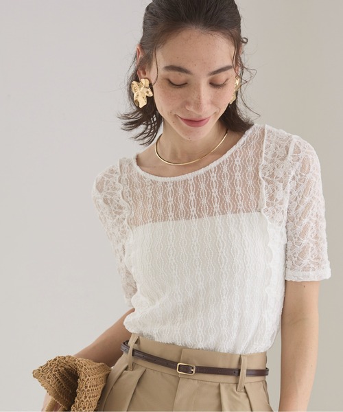 セール】パッチワーク レース トップス (半袖）（Tシャツ