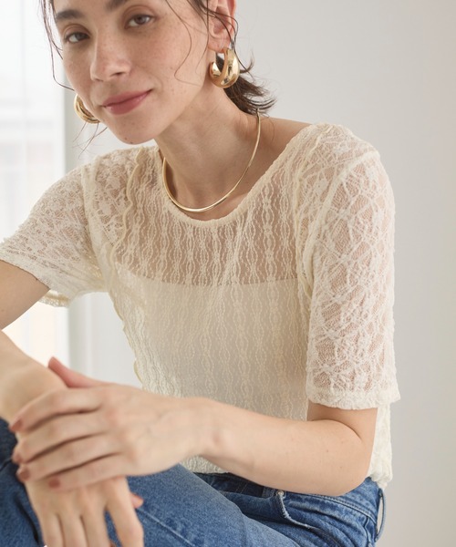 セール】パッチワーク レース トップス (半袖）（Tシャツ