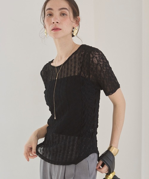 セール】パッチワーク レース トップス (半袖）（Tシャツ