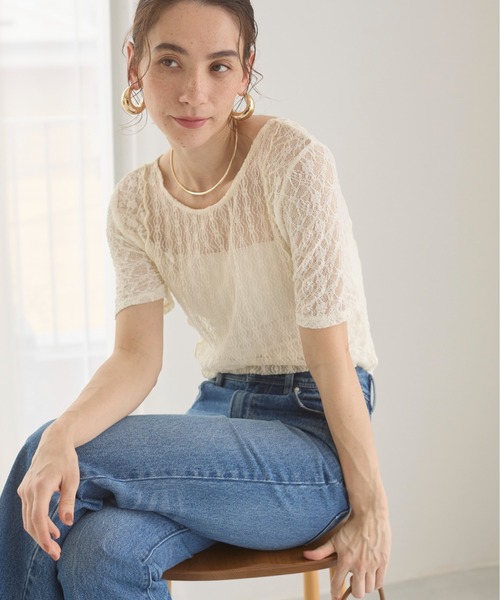 セール】パッチワーク レース トップス (半袖）（Tシャツ