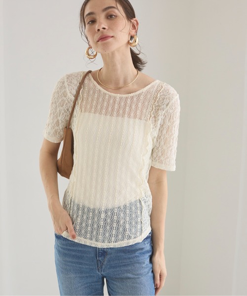 セール】パッチワーク レース トップス (半袖）（Tシャツ
