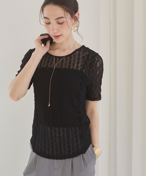 セール】パッチワーク レース トップス (半袖）（Tシャツ