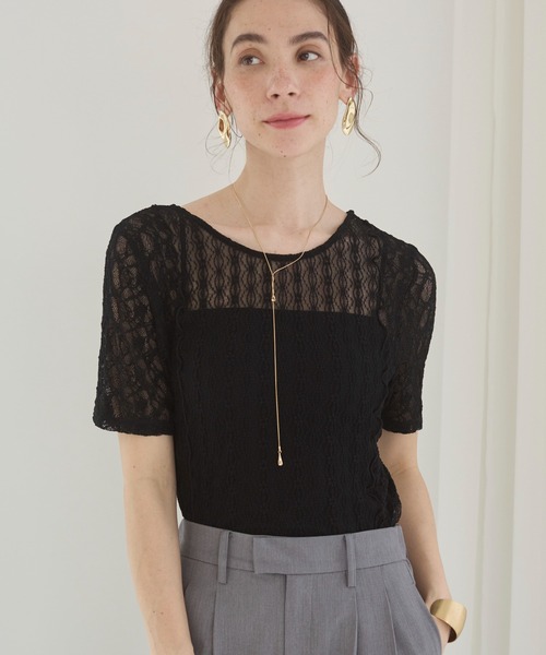 セール】パッチワーク レース トップス (半袖）（Tシャツ